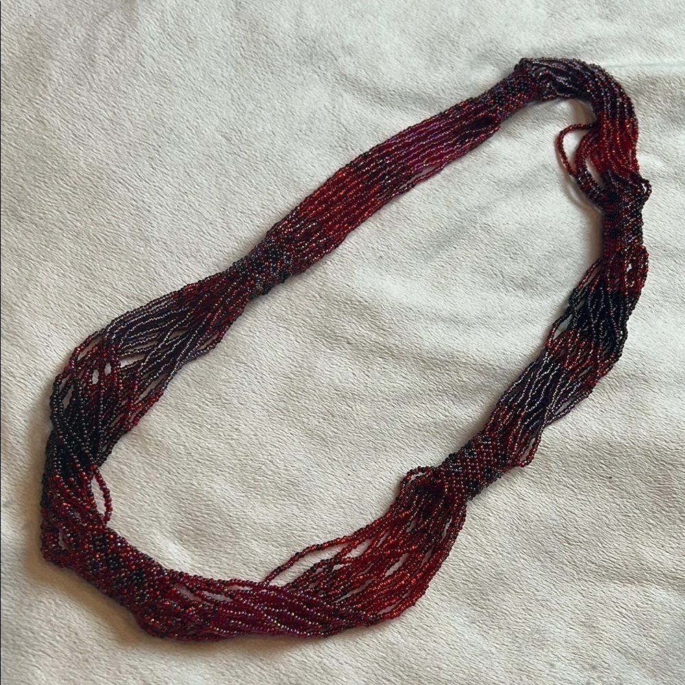 Vintage Red Purple Multi-Strand micro bead slip on Necklace 14”